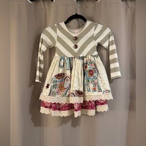 Giggle Moon White and Gray Fit and Flare Dress with 3/4 Sleeves